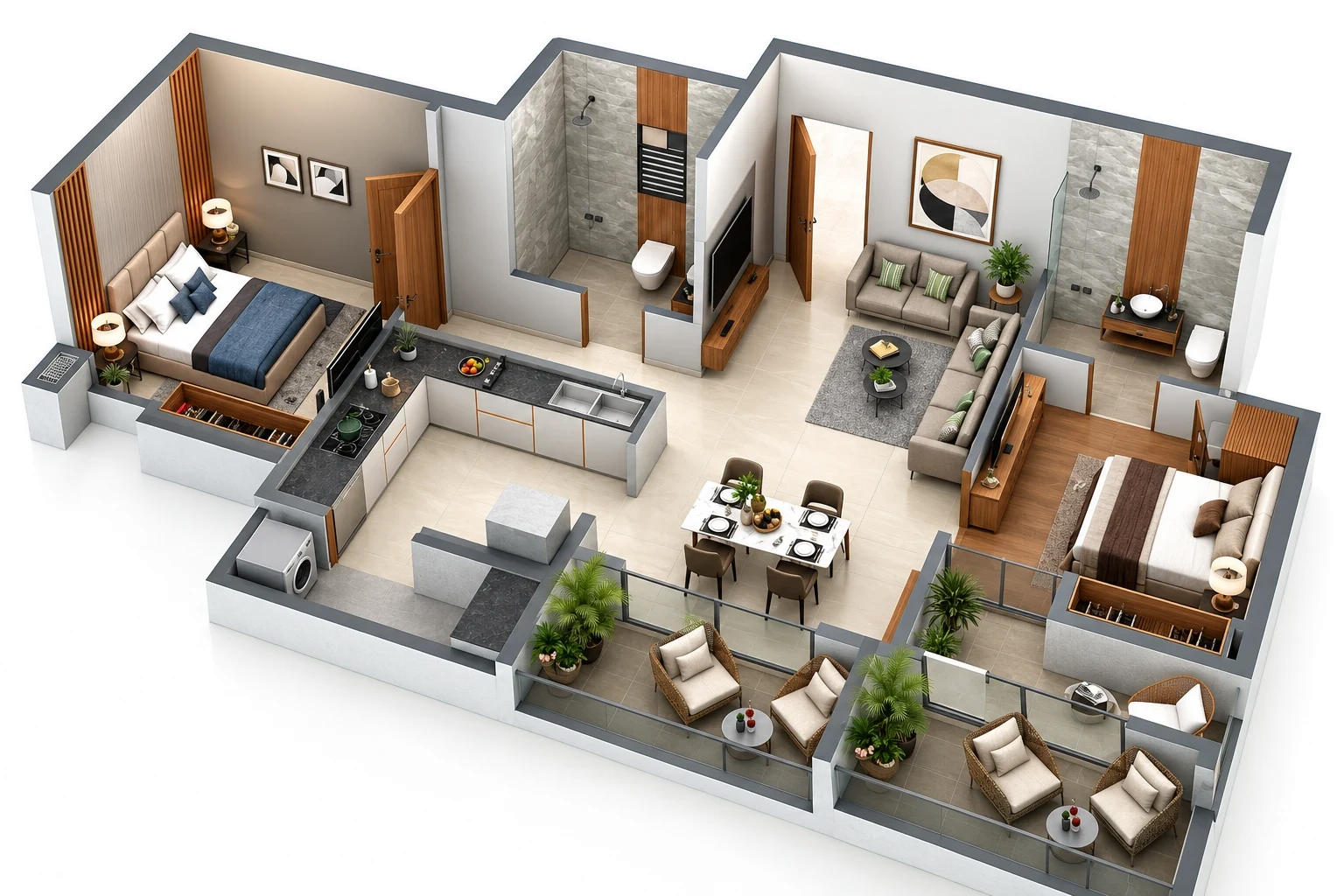 Furnished cutaway of the two-bedroom home: living and dining area, open kitchen, two bedrooms with attached toilets, and two balconies.